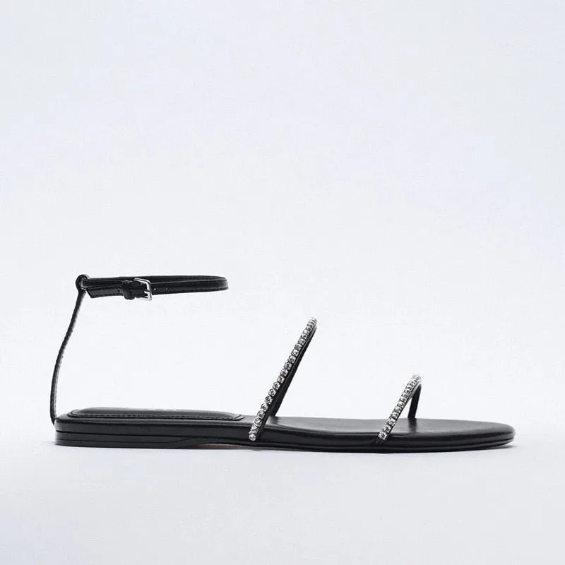 New Summer Minimalist Rhinestone Thin Strap Sexy Women Sandals Comfortable Soft All-match Sandals Student Fashion Women's Shoes