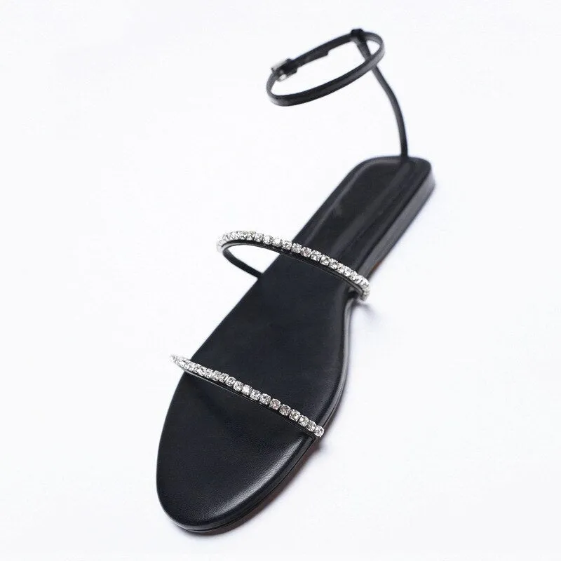 New Summer Minimalist Rhinestone Thin Strap Sexy Women Sandals Comfortable Soft All-match Sandals Student Fashion Women's Shoes