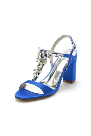 Open Toe Chunky Heels With Rhinestone Flower