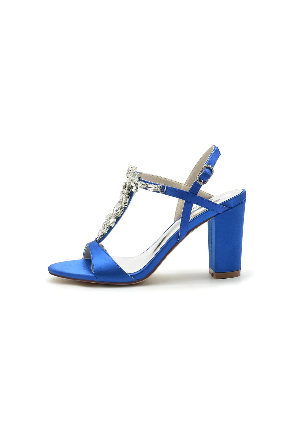 Open Toe Chunky Heels With Rhinestone Flower