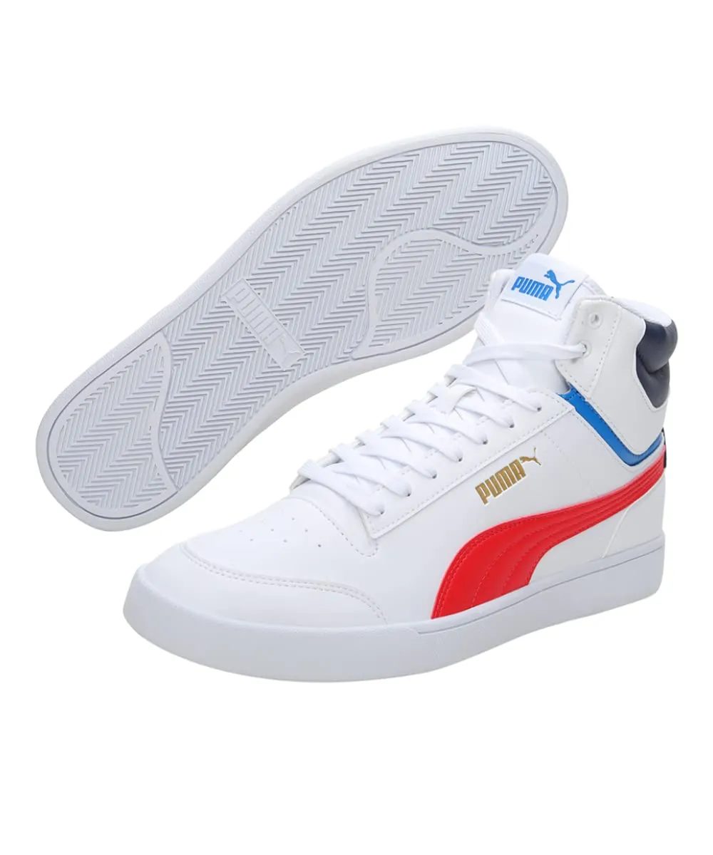 Puma Unisex Shuffle Mid Sneaker, Puma White-High Risk Red-Peacoat-Puma Team Gold)