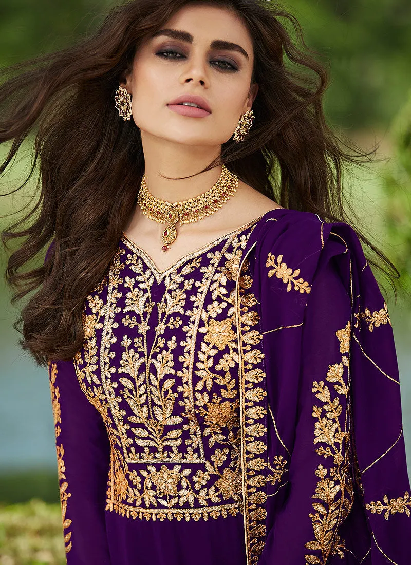 Purple Golden Embroidered Palazzo Suit