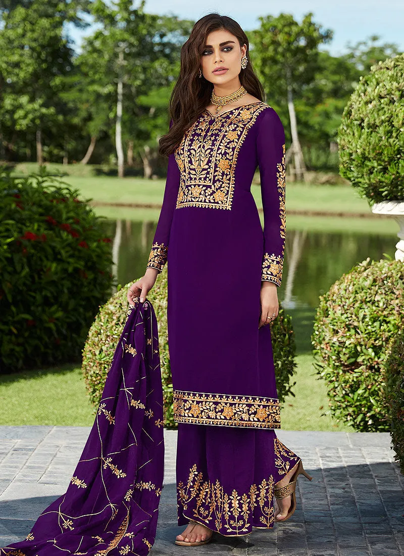 Purple Golden Embroidered Palazzo Suit