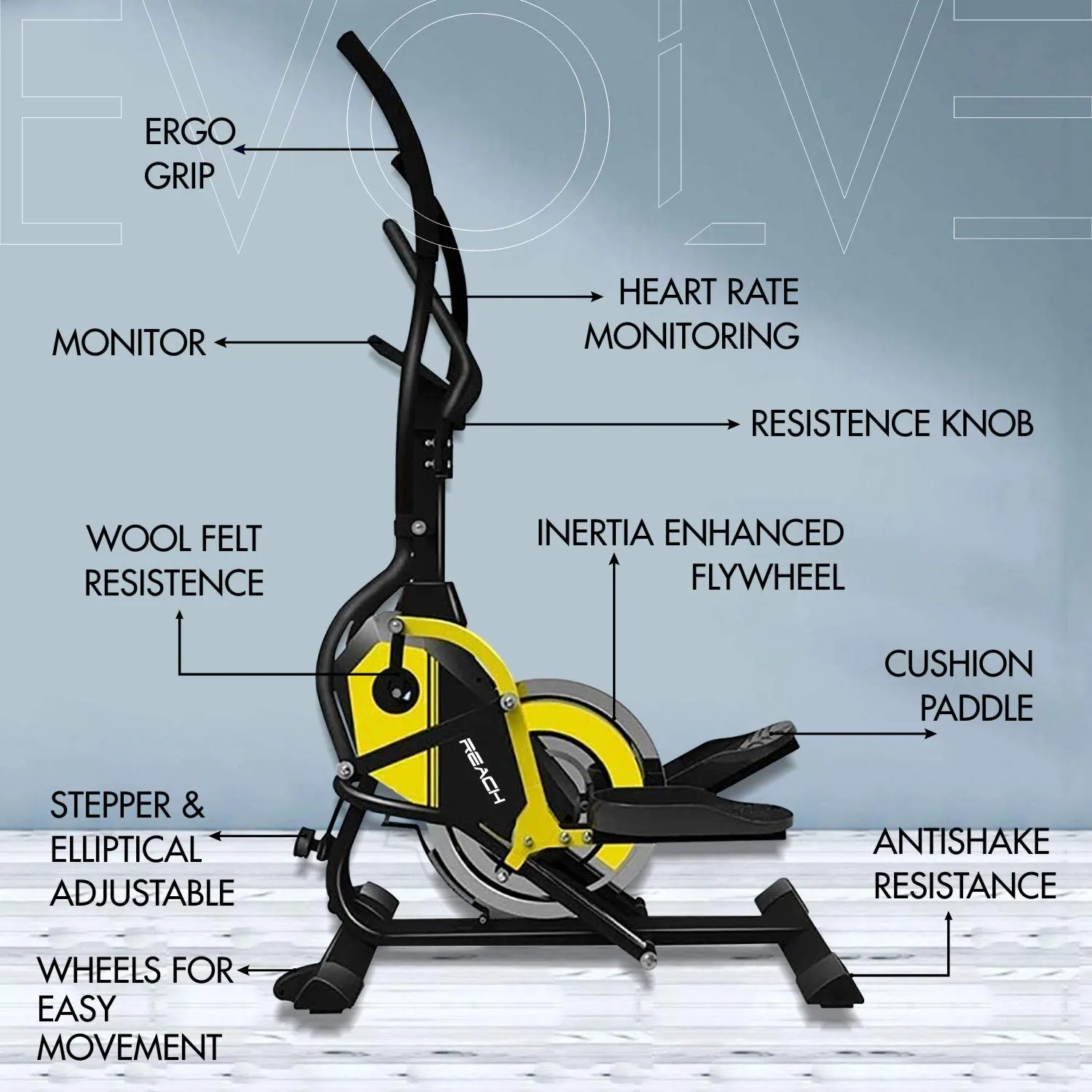 Reach Evolve Elliptical Climber Cross Trainer   Stepper - Exercise Fitness Equipment for Home Gym Yellow