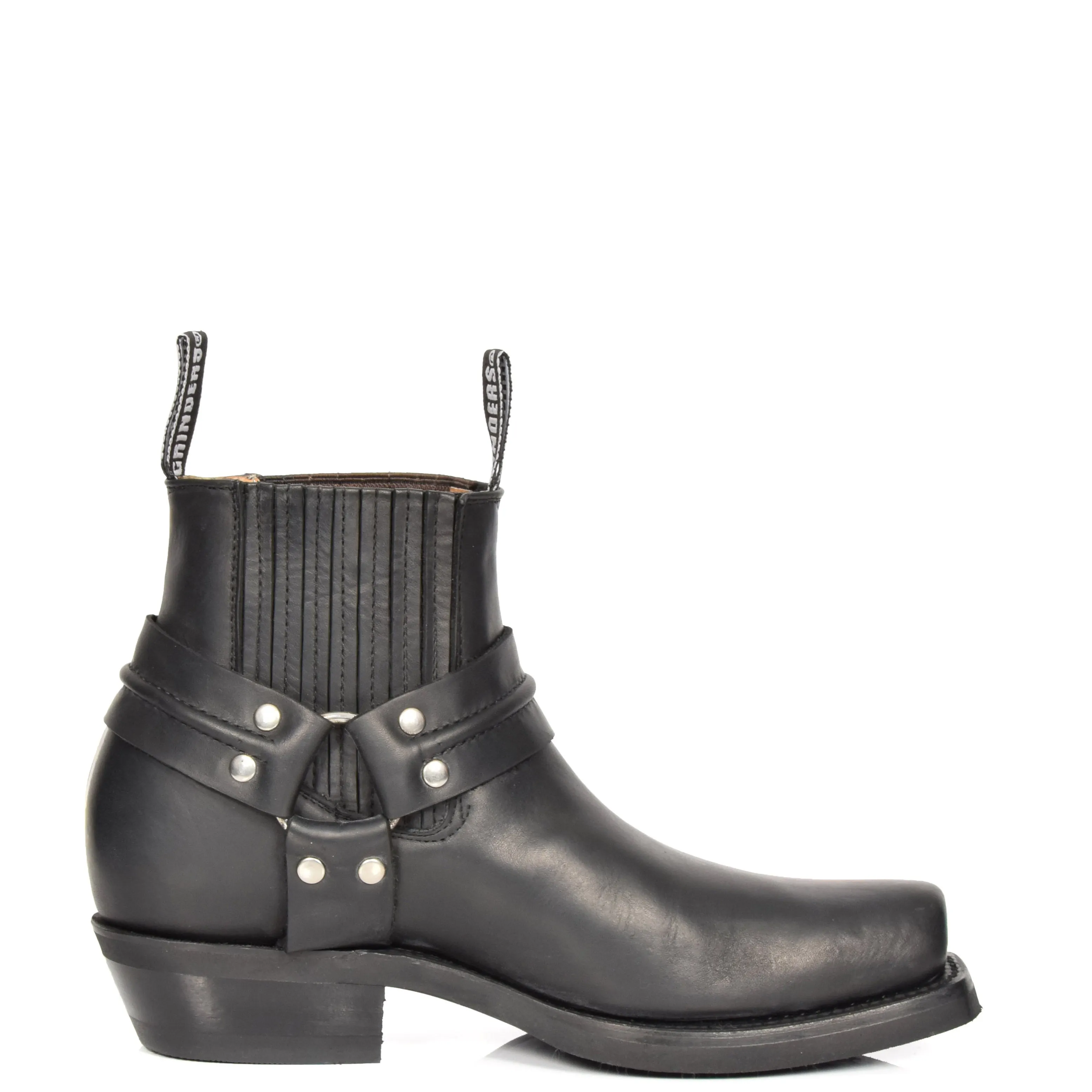 Real Leather Square Toe Cowboy Ankle Boots AR70 Black