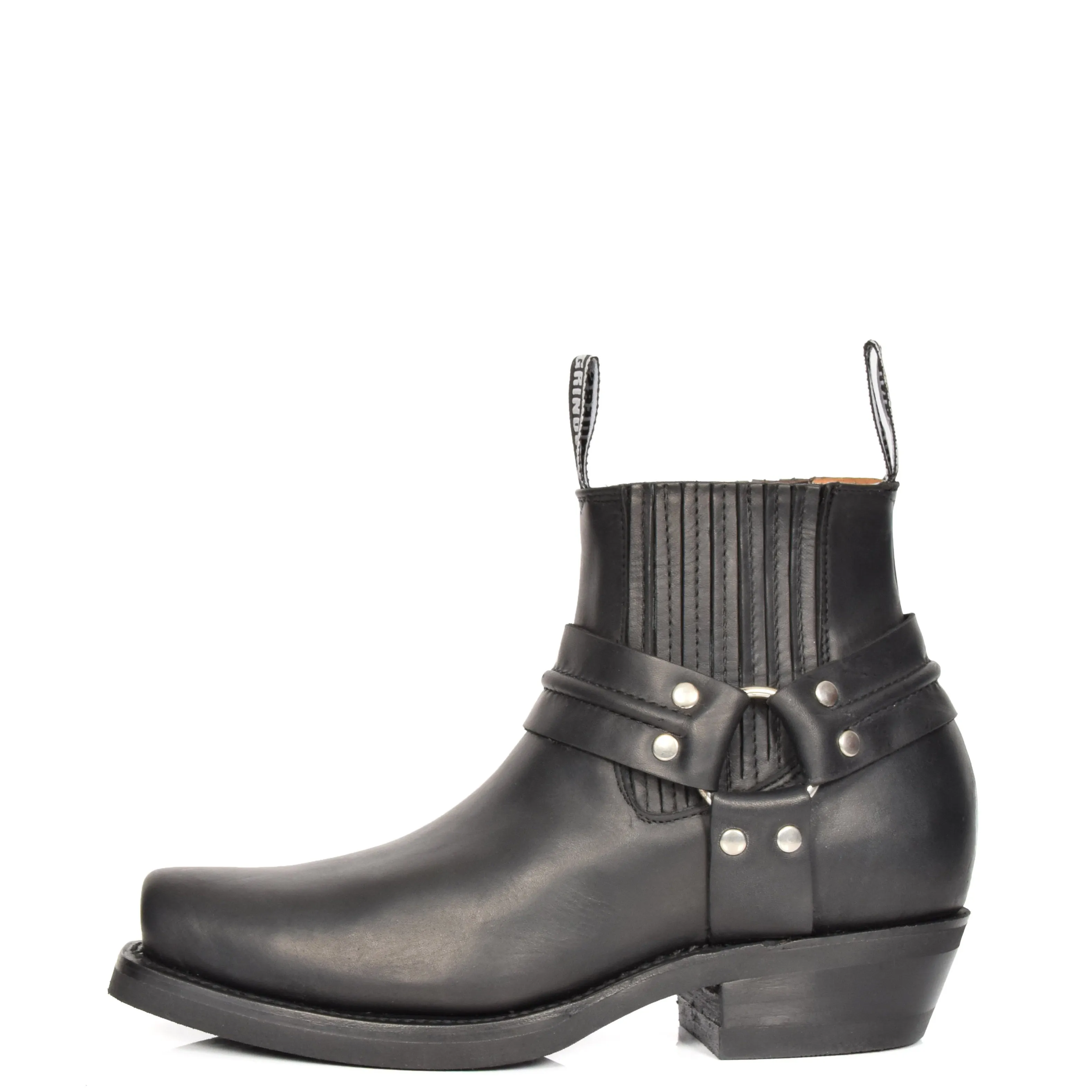 Real Leather Square Toe Cowboy Ankle Boots AR70 Black