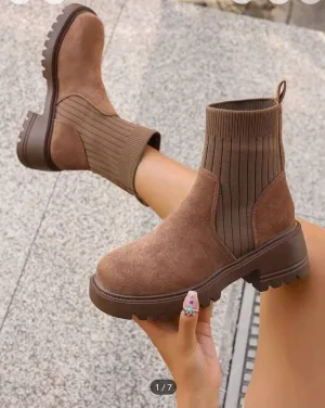 Shein Women's Brown Thick-Sole Suede Patchwork Chelsea Boots, Size: 41  
