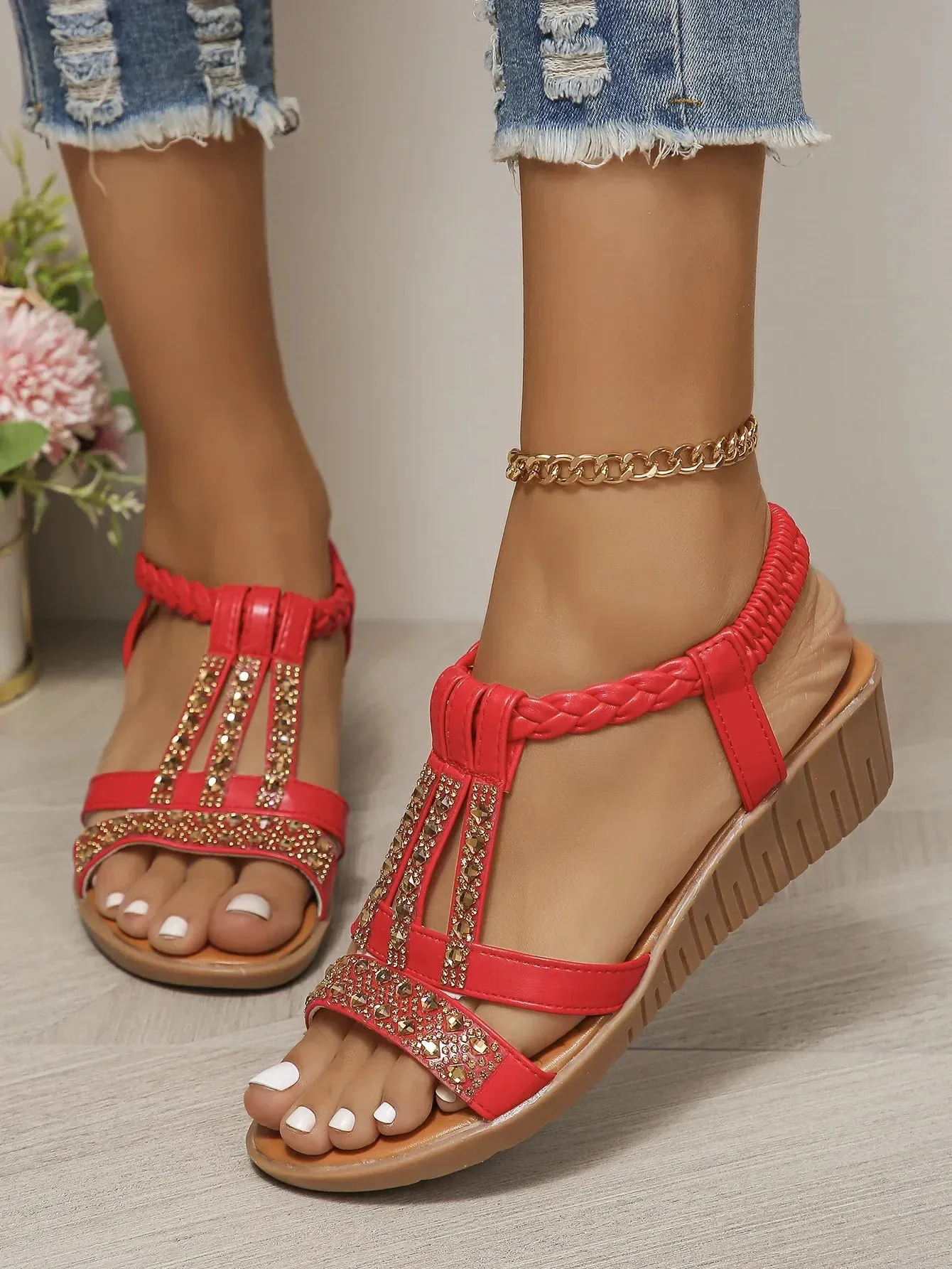 Shoes for Women Summer Women Wedge Bohemia Rhinestones Casual Platform Sandals Female Peep Toe Outdoor Beach Shoes 34-43