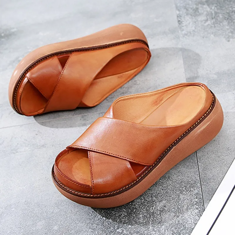 Sohiwoo  Women's Platform Criss Cross Slides Slip on Arch Support Sandals