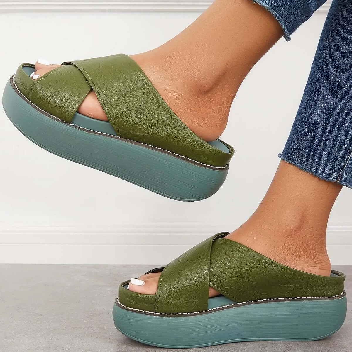 Sohiwoo  Women's Platform Criss Cross Slides Slip on Arch Support Sandals