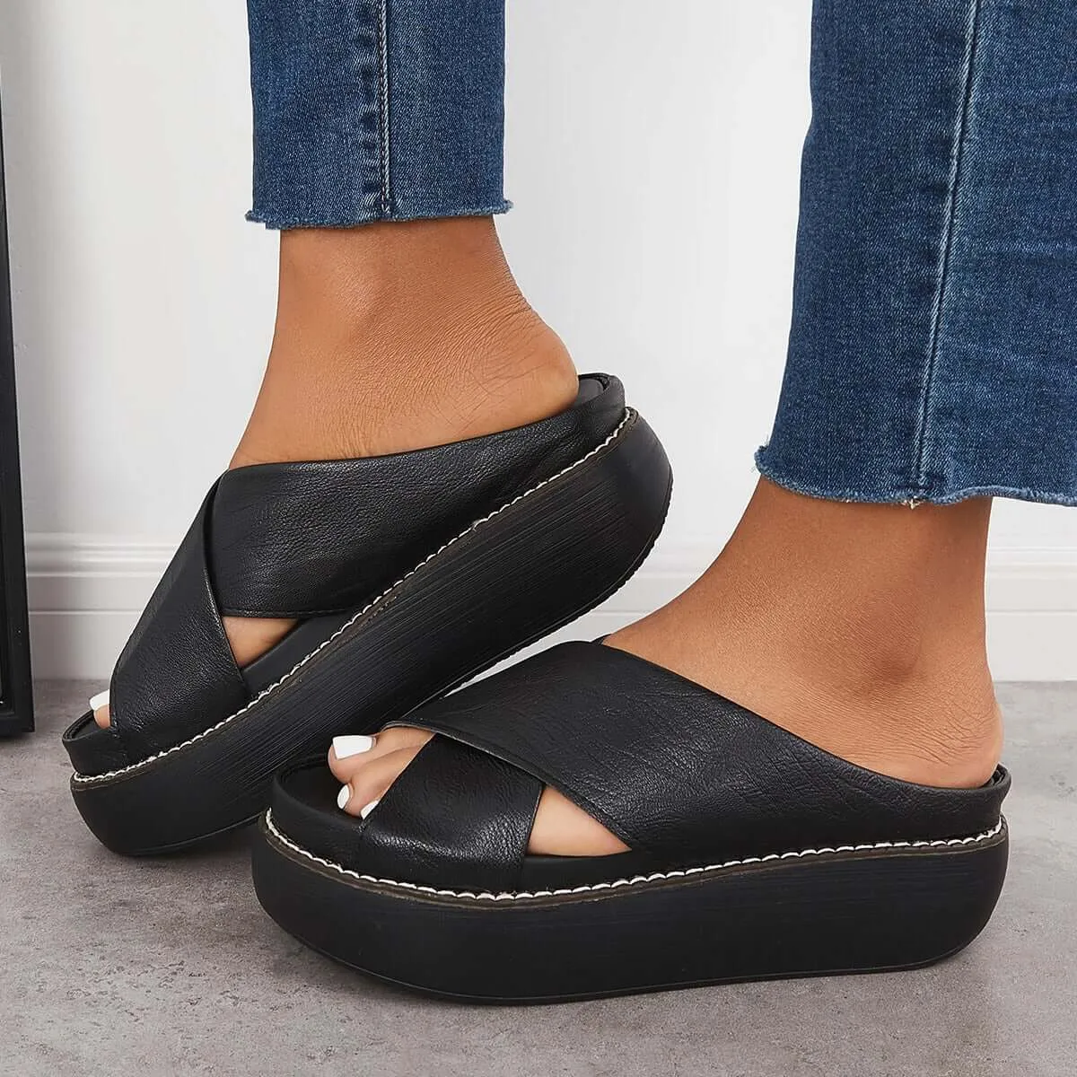 Sohiwoo  Women's Platform Criss Cross Slides Slip on Arch Support Sandals