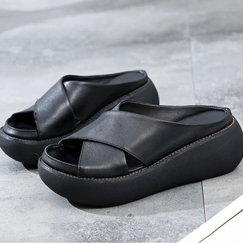 Sohiwoo  Women's Platform Criss Cross Slides Slip on Arch Support Sandals
