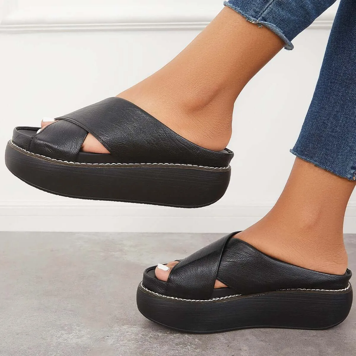Sohiwoo  Women's Platform Criss Cross Slides Slip on Arch Support Sandals