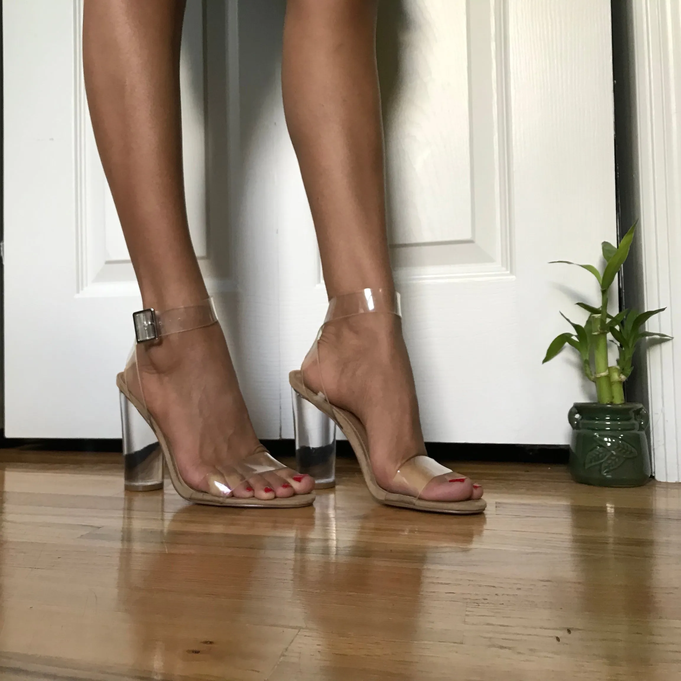 Steve Madden Clearer Ankle Strap Open Toe High Heeled Transparent Nude Sandals