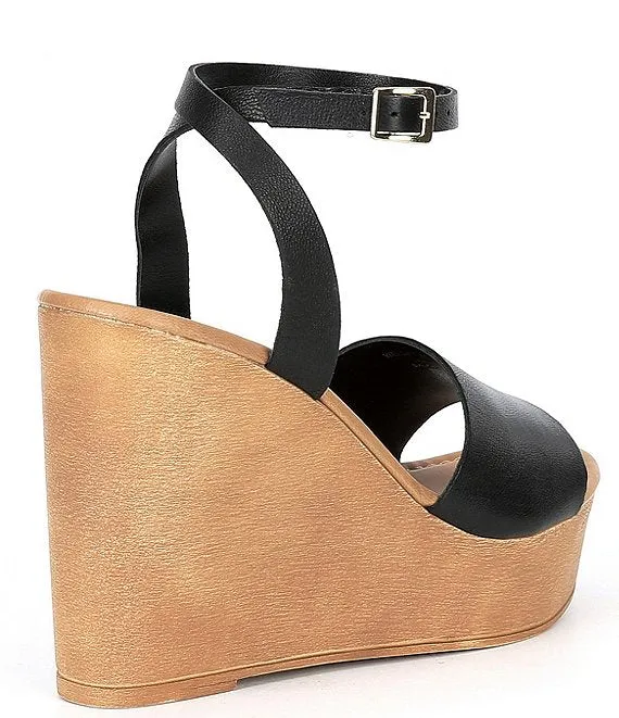 Steve Madden Welsh Black Leather Ankle Strap Open Toe Platform Wedge Sandals