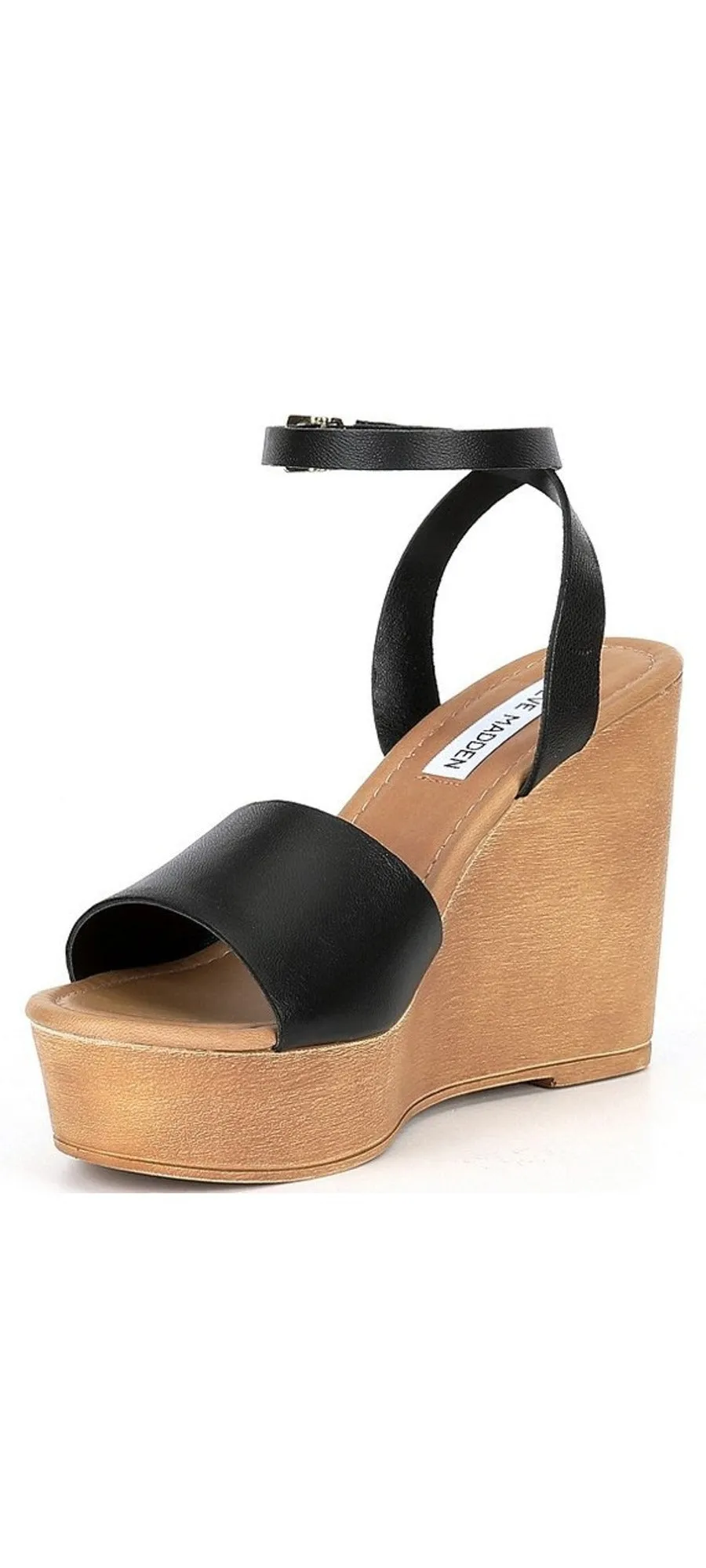 Steve Madden Welsh Black Leather Ankle Strap Open Toe Platform Wedge Sandals