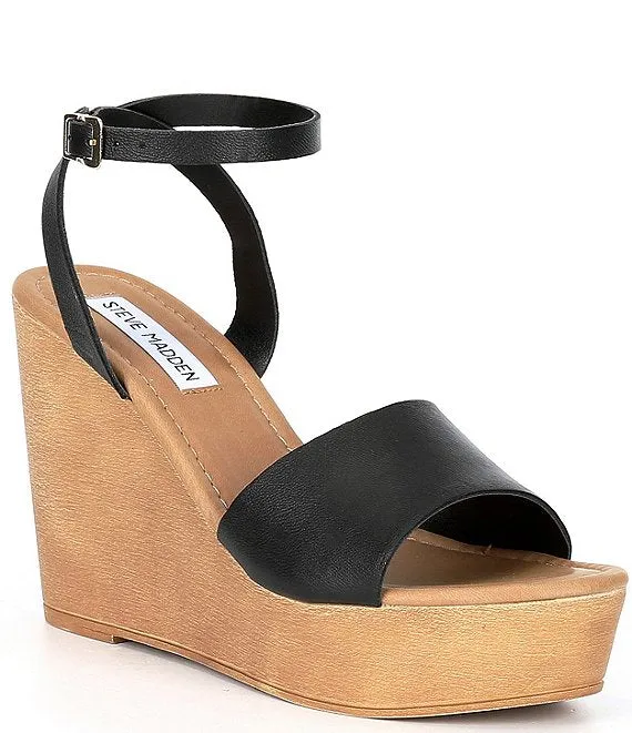Steve Madden Welsh Black Leather Ankle Strap Open Toe Platform Wedge Sandals