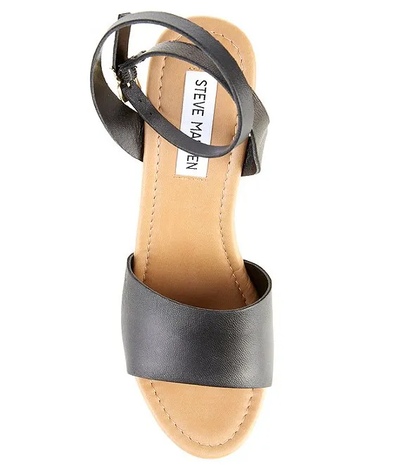 Steve Madden Welsh Black Leather Ankle Strap Open Toe Platform Wedge Sandals