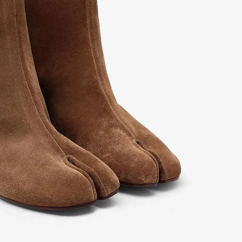 Suede Tabi Split-Toe Boots Cylindrical Heel