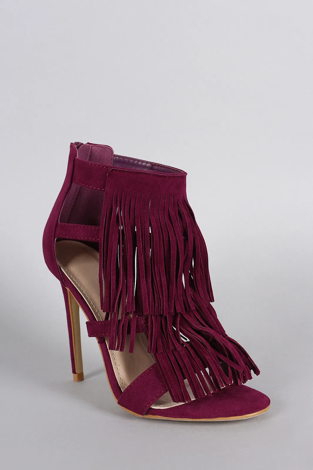 Tiered Fringe Front Suede Open Toe Heel