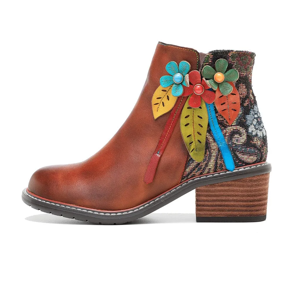 Vintage Handmade Leather Floral Ankle Boots