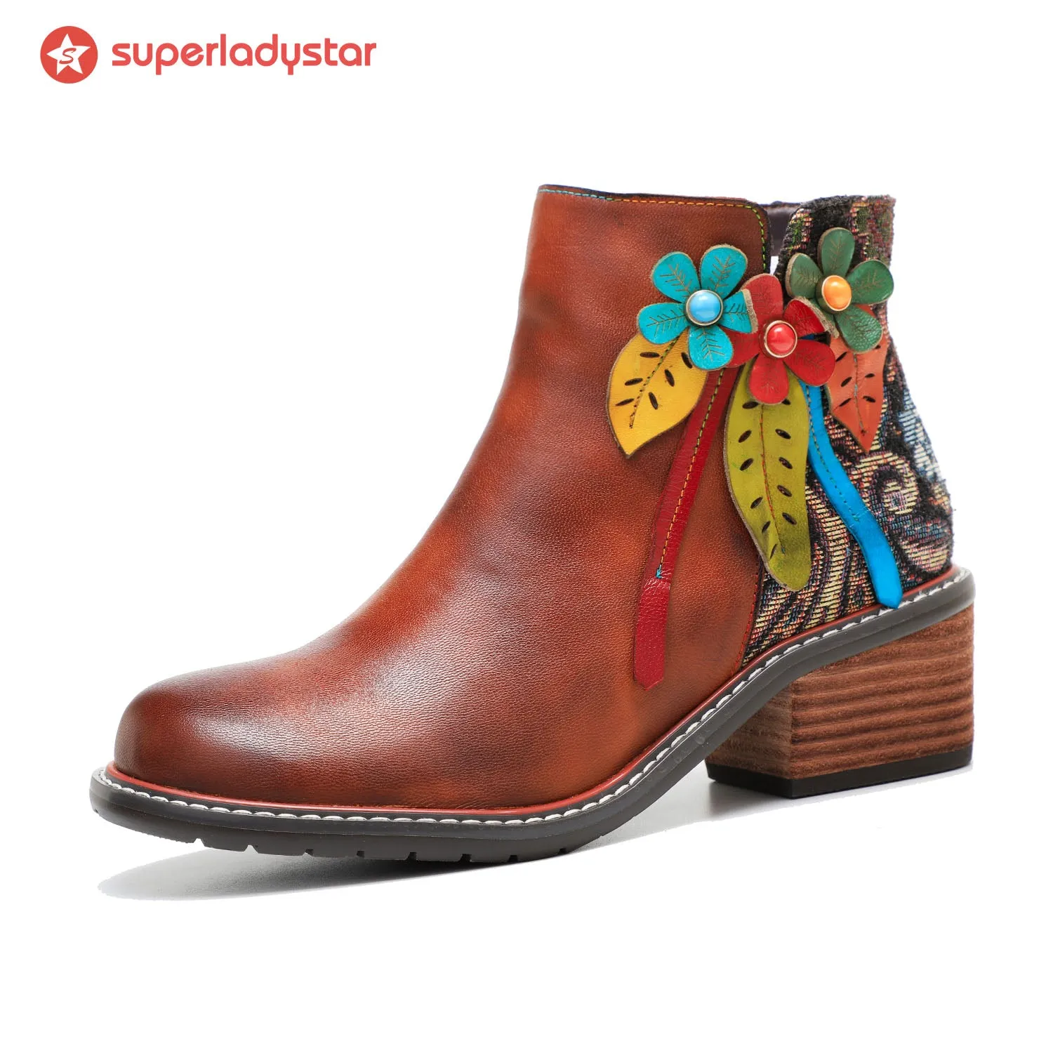 Vintage Handmade Leather Floral Ankle Boots