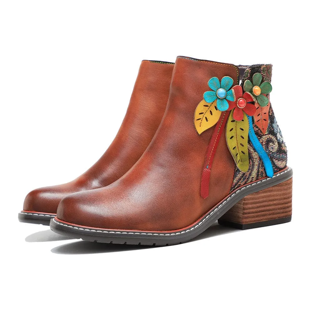 Vintage Handmade Leather Floral Ankle Boots