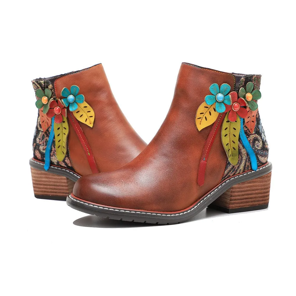 Vintage Handmade Leather Floral Ankle Boots