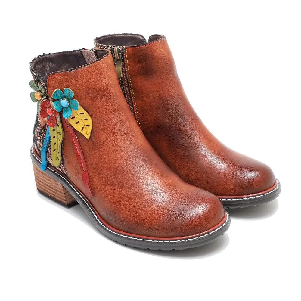 Vintage Handmade Leather Floral Ankle Boots