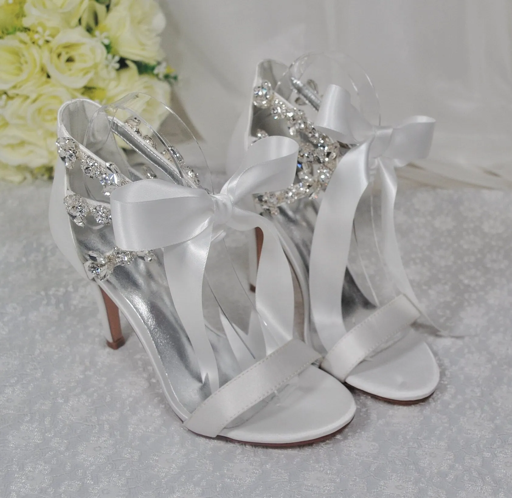 White Bridal Sandals with Crystal Straps - Size UK5/US7.5