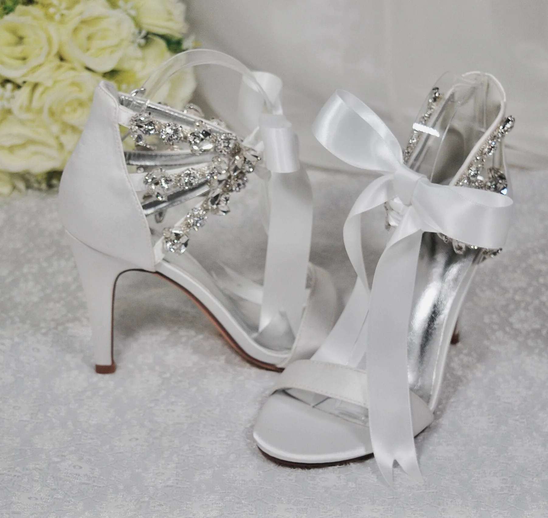White Bridal Sandals with Crystal Straps - Size UK5/US7.5