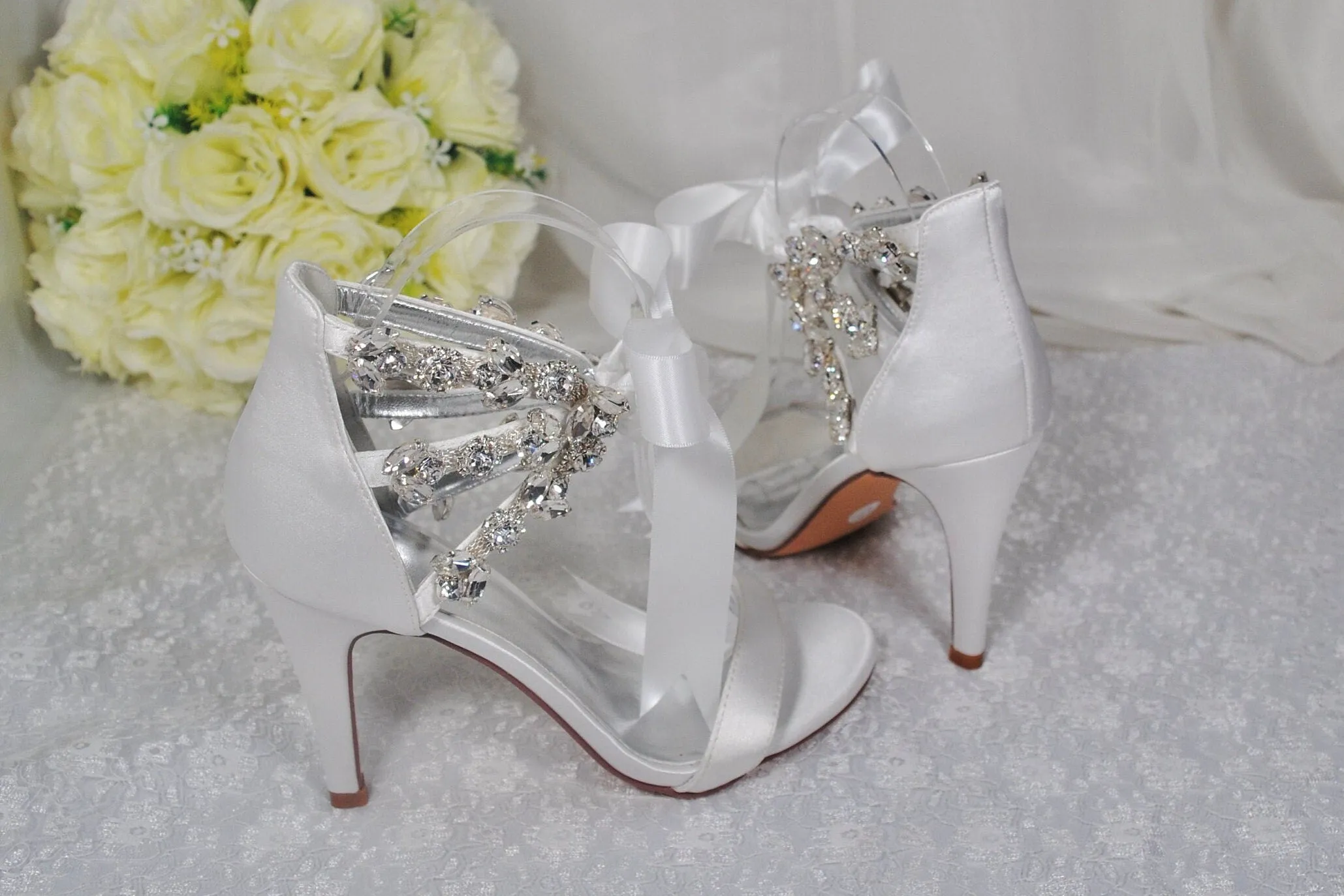 White Bridal Sandals with Crystal Straps - Size UK5/US7.5