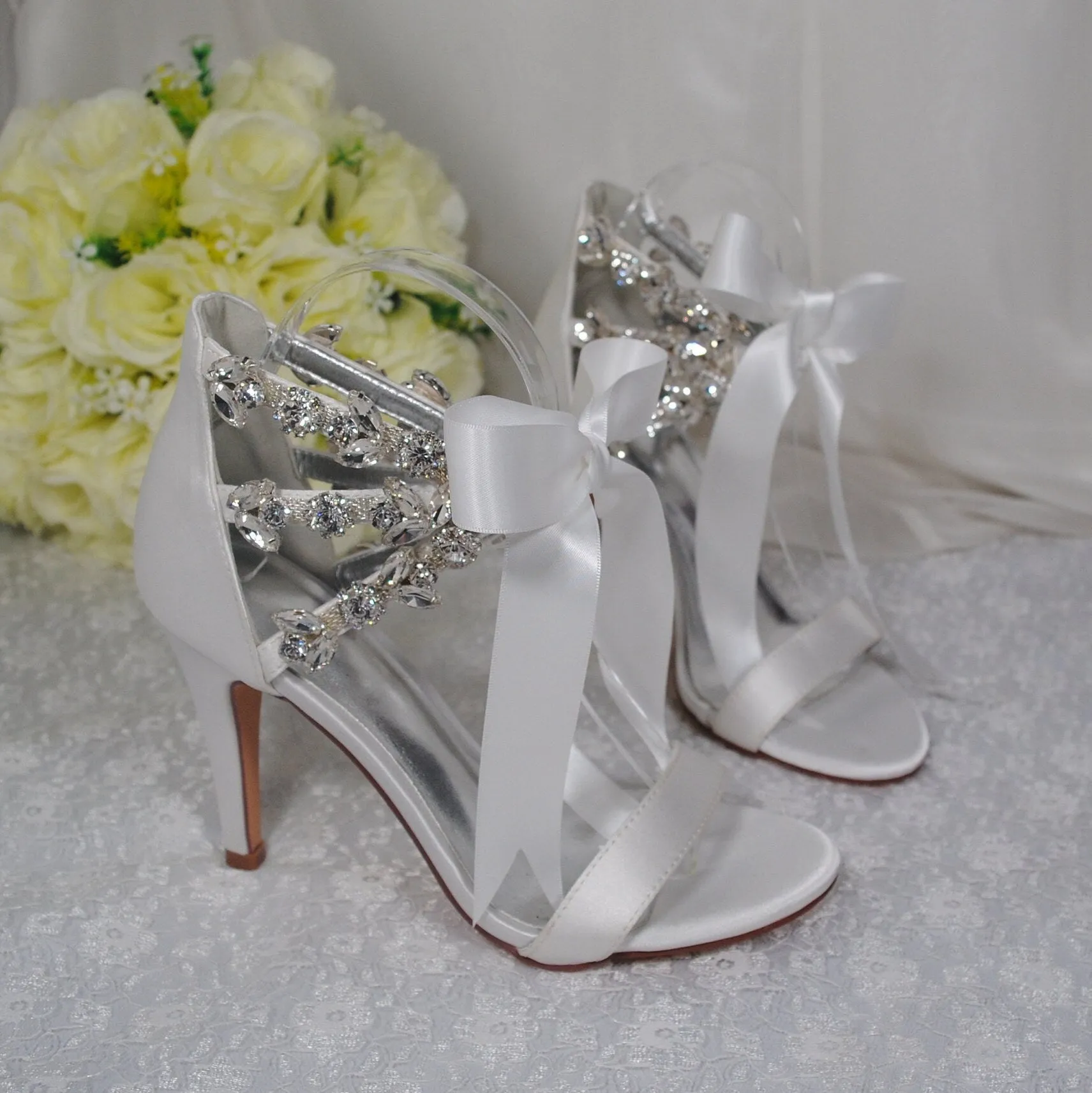 White Bridal Sandals with Crystal Straps - Size UK5/US7.5