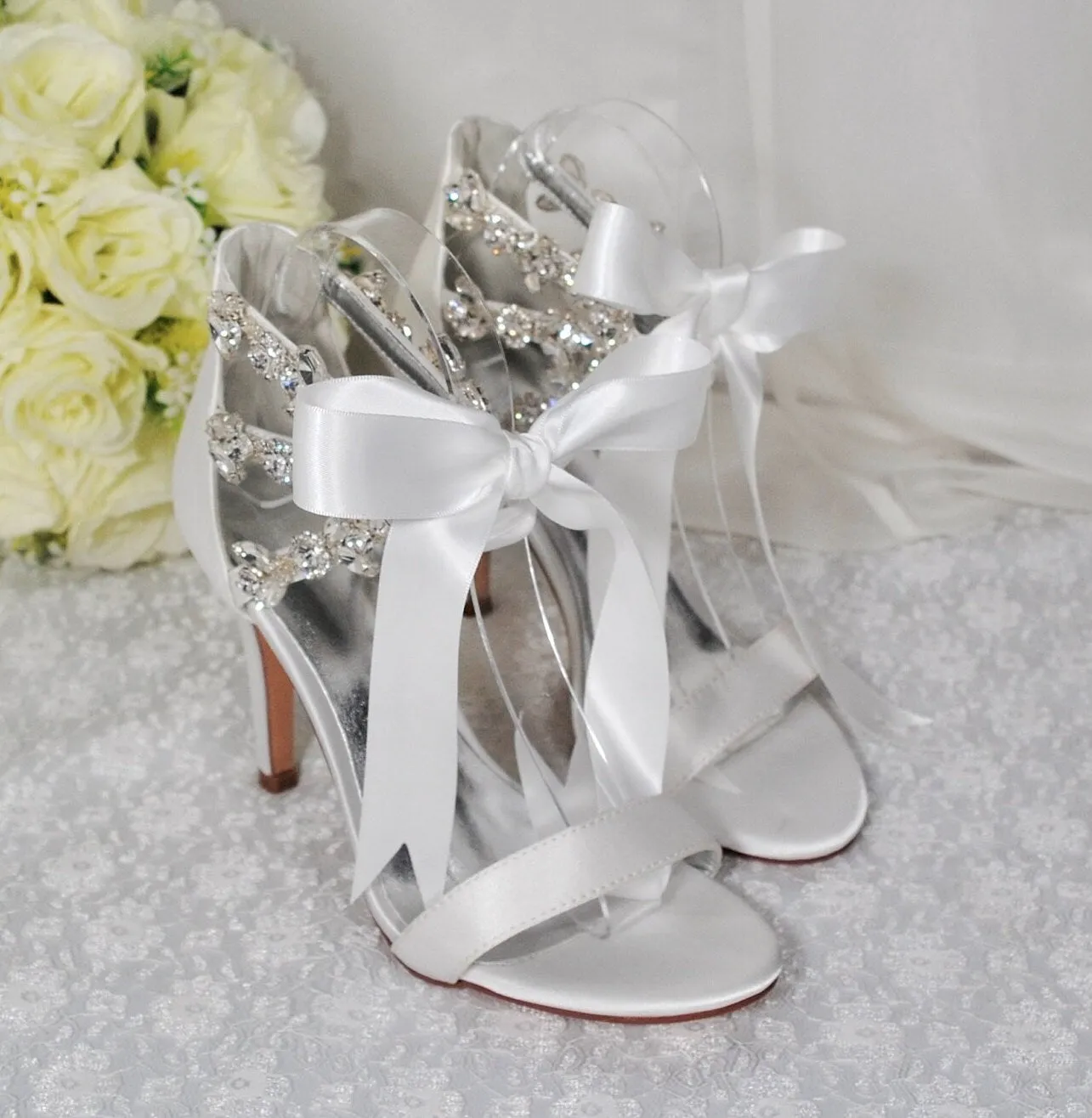 White Bridal Sandals with Crystal Straps - Size UK5/US7.5